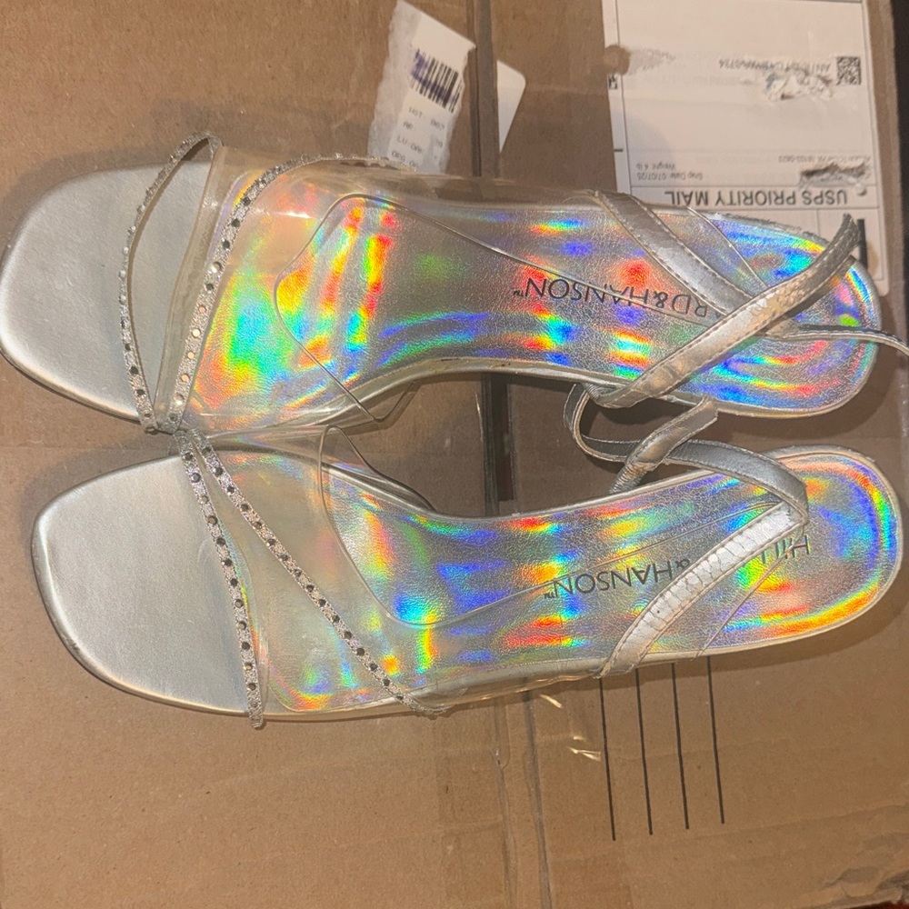 Hillard & Hanson Clear Silver Heels | Rhinestone Strap | Size 7 | READ